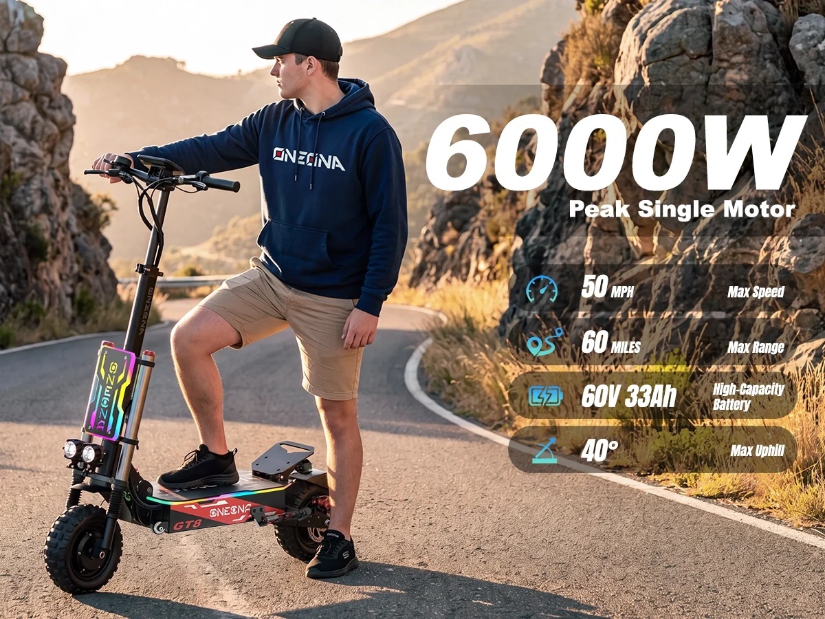 60V 5600W Dual Motor Electric Scooter - ONECNA NEW GT8PRO 大人用電動スクーター、5600Wデュアルドライブモーター、最高速度50MPH、航続距離60マイル、LED RGBライト付き通勤用電動スクーター、インテリジェントLCDディスプレイ、アウトドアアドベンチャー向けヘビーデューティースクーター